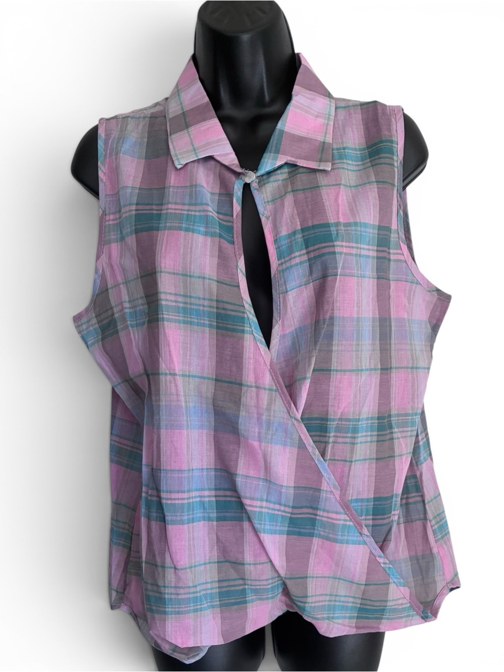 Joompy Purple Green Preppy Summer Sleeveless Plaid Wrap-Front Button Top Sz L